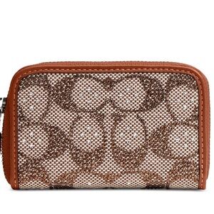 Coach Essential Small Zip Around Card Case Crystal Signature Jacquard Brown